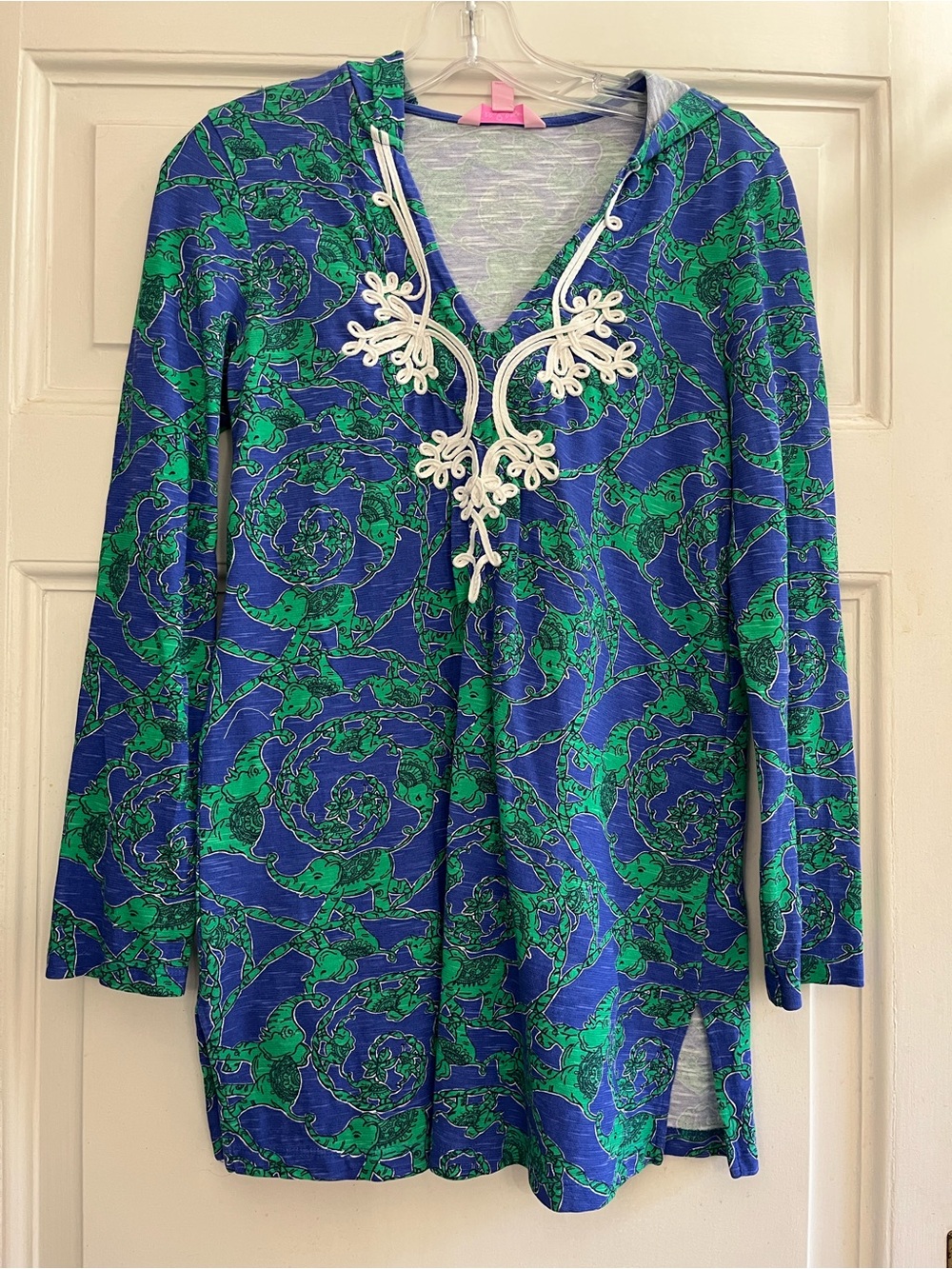 Lilly Pulitzer Blue & Green Floral Hoodie Tunic with White Trim